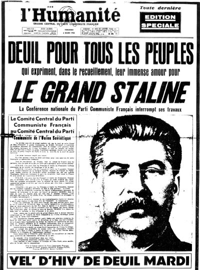 La Une du journal communiste l'Humanité après la mort de Staline